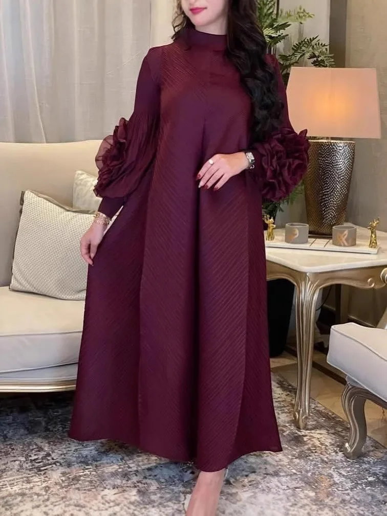 

Длинное женское платье с цветочным принтом и пышными рукавами, новый весенне-летний стиль, однотонное, элегантное длинное свободное платье больших размеров с плиссировкой.