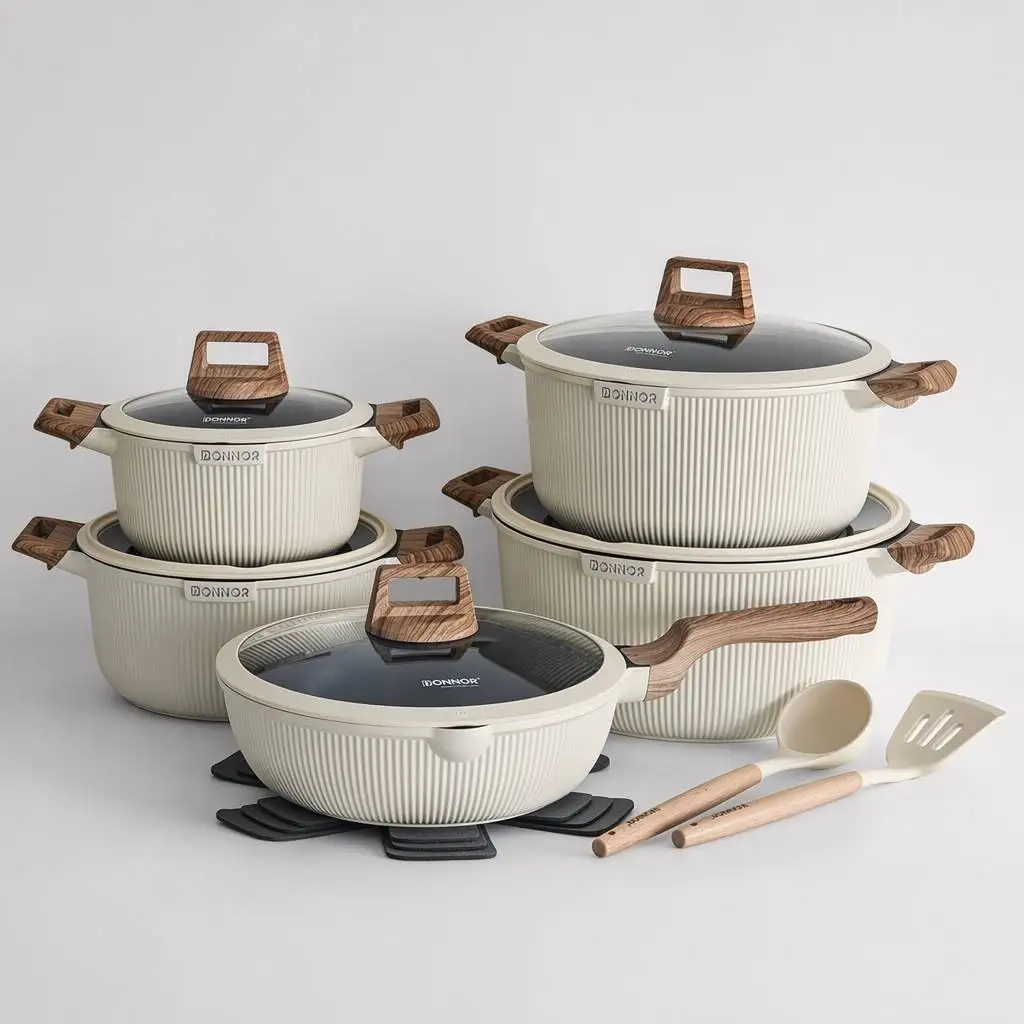2026 New Donnor 15pcs Die-Cast Aluminum Cookware Set Non-stick Ribbed Design Pots and Pans Set with Wood-Effect Handles