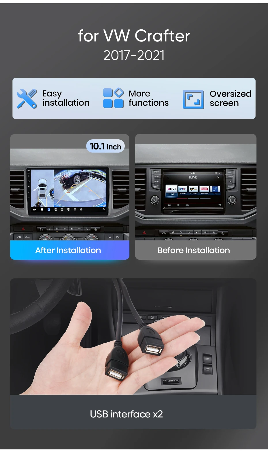 Junsun Autoradio für VW Volkswagen Crafter 2017 2018 2019 2020 2021 CarPlay Android Auto FM RDS DSP BT GPS Navi SWC HD IPS Touchscreen Plug & Play Multimedia-Player Freisprecheinrichtung Original-Autostil-Haupteinheit – Detail 2