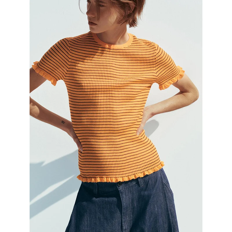 

Summer Women's mat Stripe Knitted Top round Ne ort Sve Layered Decoration Polyester Fiber Regular Length