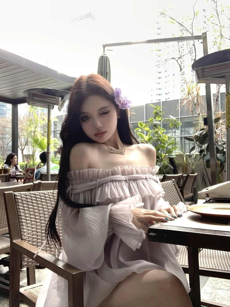 Zomer zachte losse chiffon lange Sve een schouder a-lijn rok dames Dr romantische ruche zoom woon-werkverkeer Sle Koreaanse versie