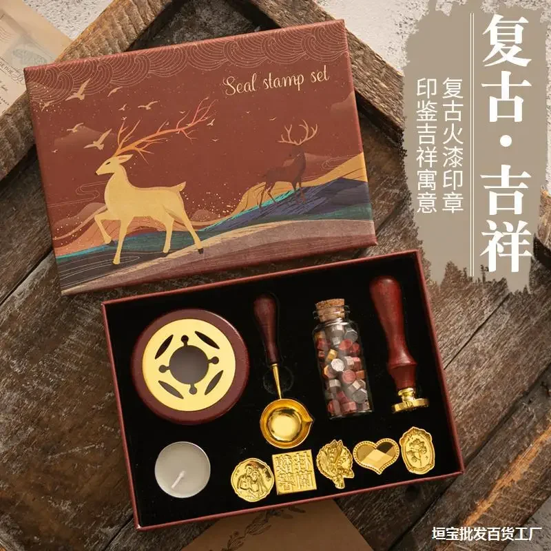 Retro Christmas Elk Stamp Head Wax Particle Creative Sealing Wax Set Handle Scoop for DIY Hand Account Envelope Decoration