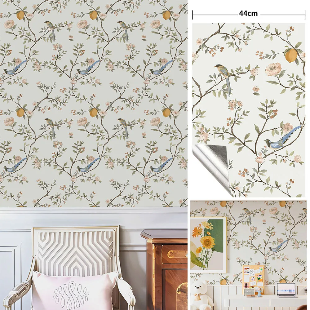 Flower Plant Printed Peel Stick Wallpaper 17x39 Inch Waterproof Self Adhesive PVC for DIY Bedroom TV Background Wall Renovation