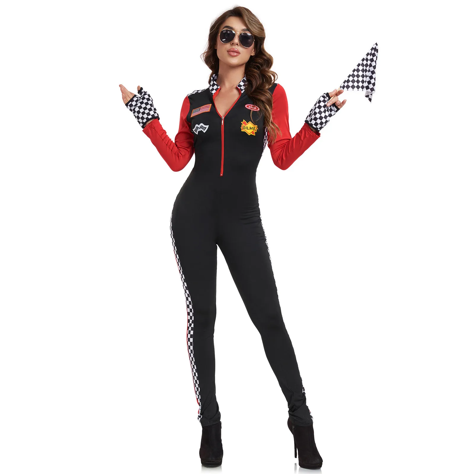 Kobiety wyścigi dziewczyna garnitur mundurek motocyklowy kostium taniec kombinezon wyścigowy body z długimi rękawami Halloween cheerleaderki — zdjęcie 4