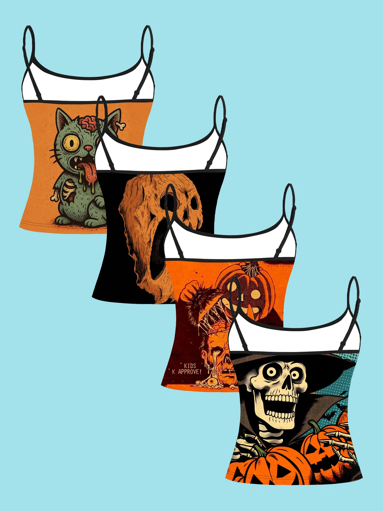 4-Piece Set of Vintage Comic-Style Halloween Women's Camisoles: Zombie Cat, Withered Pumpkin, Horror Poster, Skeleton, Wizard, Pumpkin Print, Slim-Fit Spaghetti Strap Short Camisole Tops