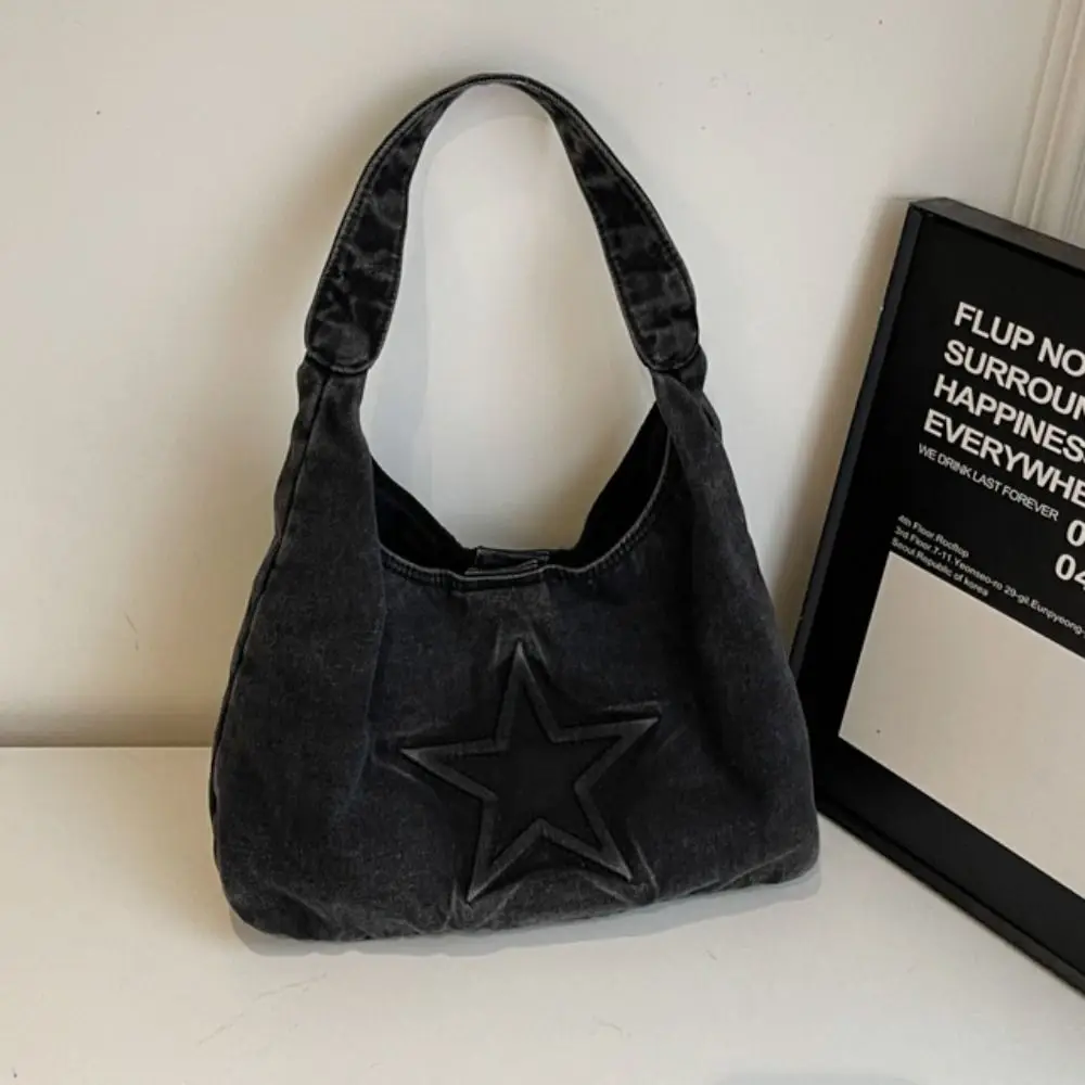 

Temperament Leisure Denim Tote Bag Harajuku Star Pattern Canvas Shoulder Bag Hobo Bag Large Capacity Women Handbag Daily