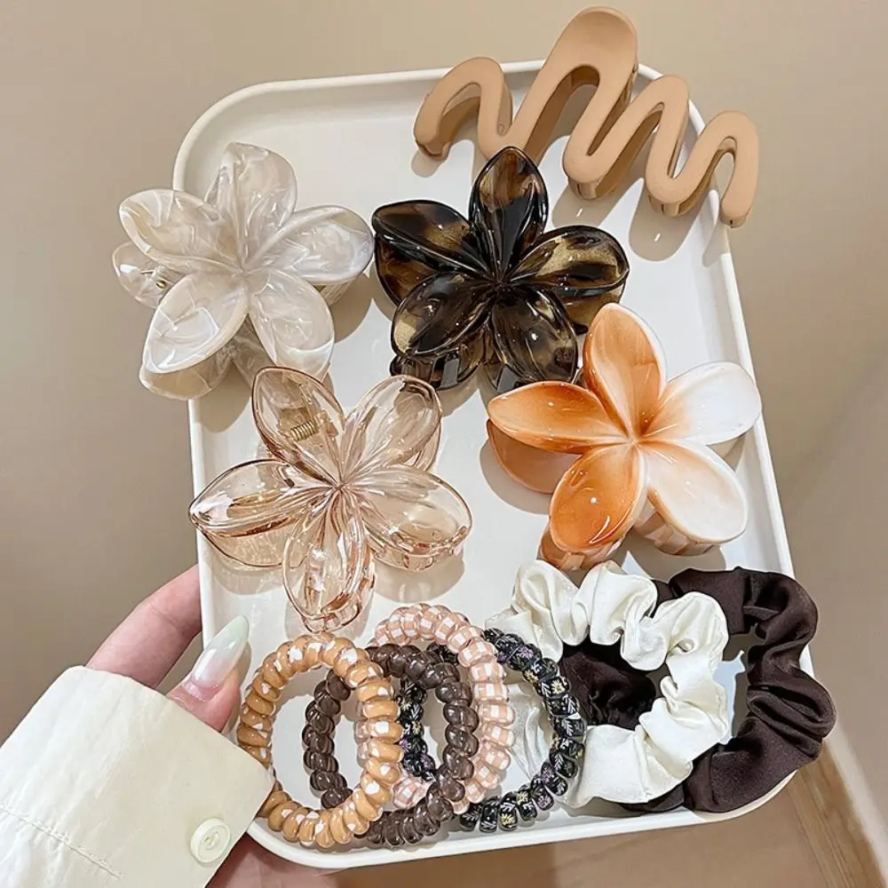 

11pcs/Set New Plumeria Hawaiian Hair Clamps Set Colorful Elastic Flowers Hair Clips Rubber Band Wave Shark Clips Hair Styling