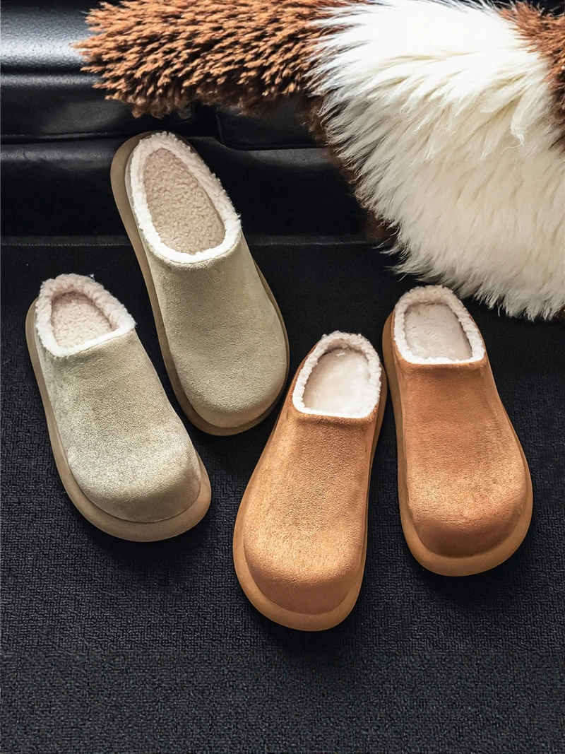 Men's Winter Thickened Fleece Lined Cotton Slippers Casual Wear-Outside Slip-On  Style Leather And Fur Integrated ...