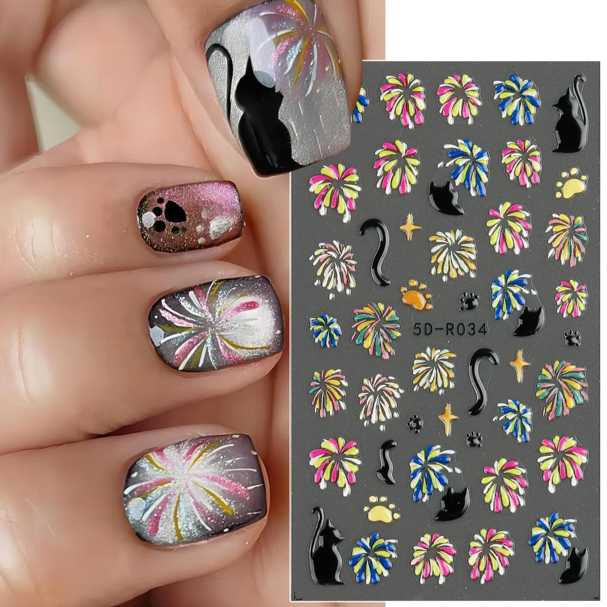 5D Black Cat Fireworks Embossed Nail Stickers Colorful Fireworks Stars Nail Art Decals Dopamine Cute Manicure Decoration 5D-R034