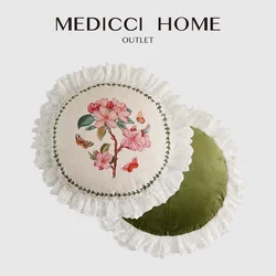 Medicci Home Butterflies And Begonia Flowers Decorative Throw Pillowcase French Romantic Round Cushion Cover 35x35 Chic Interior