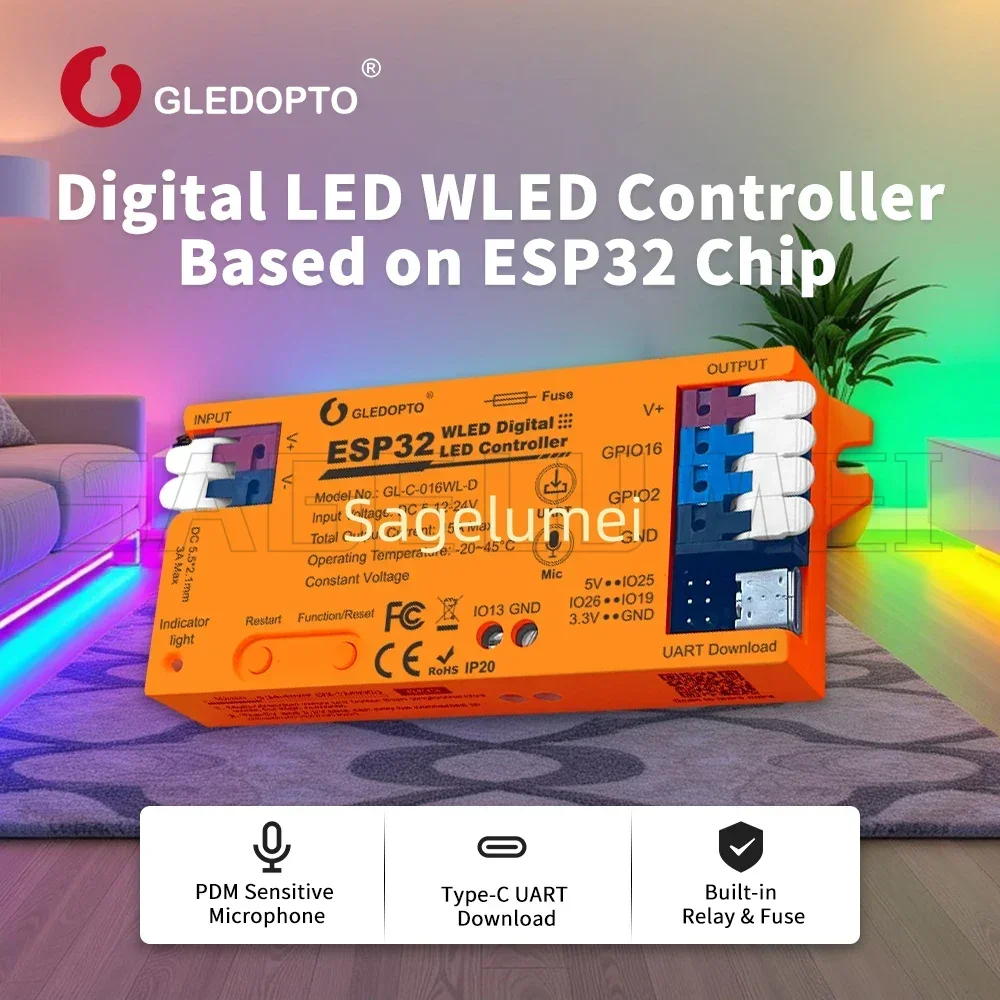 New DIY WiFi ESP32 WLED Controller Can Connect 4 Push Switches With Mic Music Sync App Control GL-C-016WL-D GL-RC-001/002WL UART