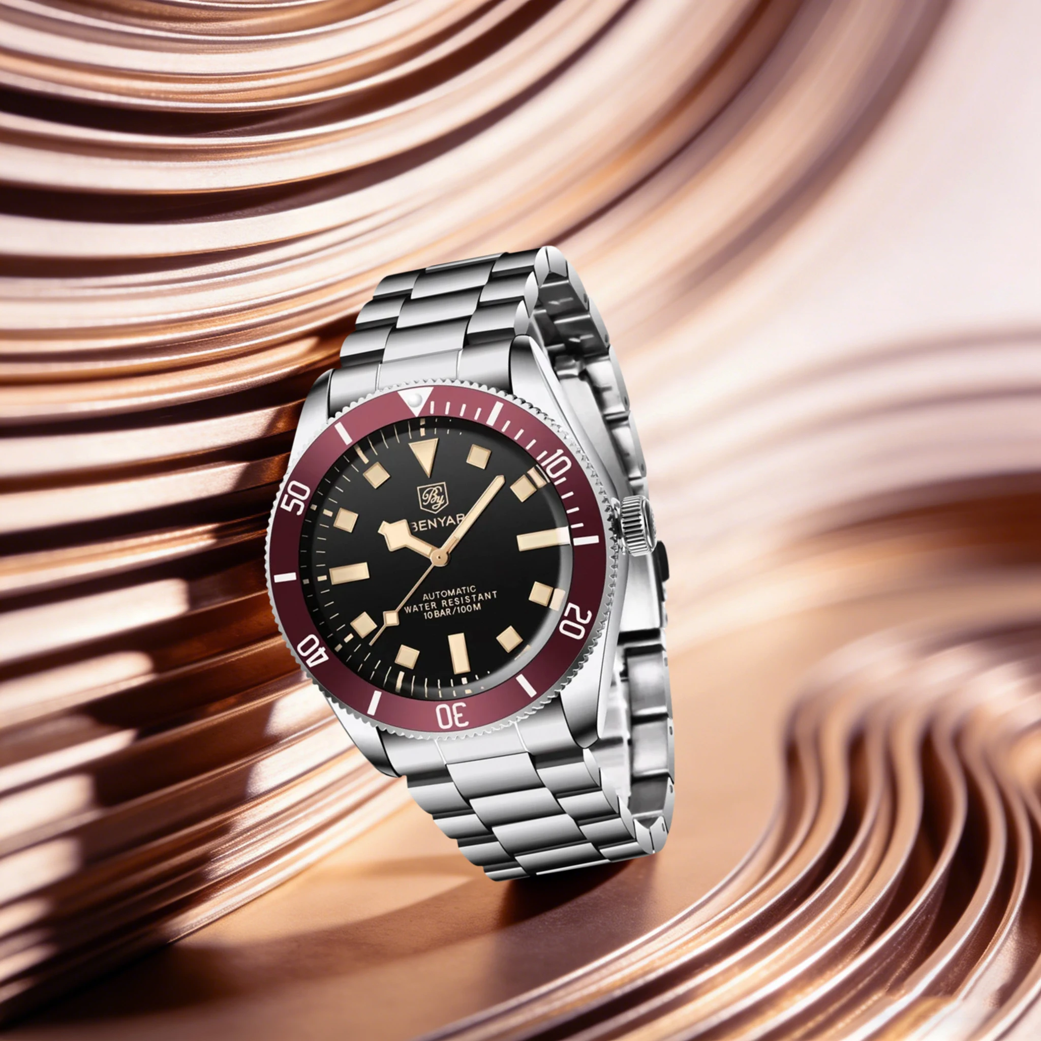 

Мужские автоматические механические часы BENYAR Vintage Luxury, 42 мм, классические, из нержавеющей стали, с люминесцентным покрытием Hardlex, водонепроницаемость 10 бар, часы для дайвинга.