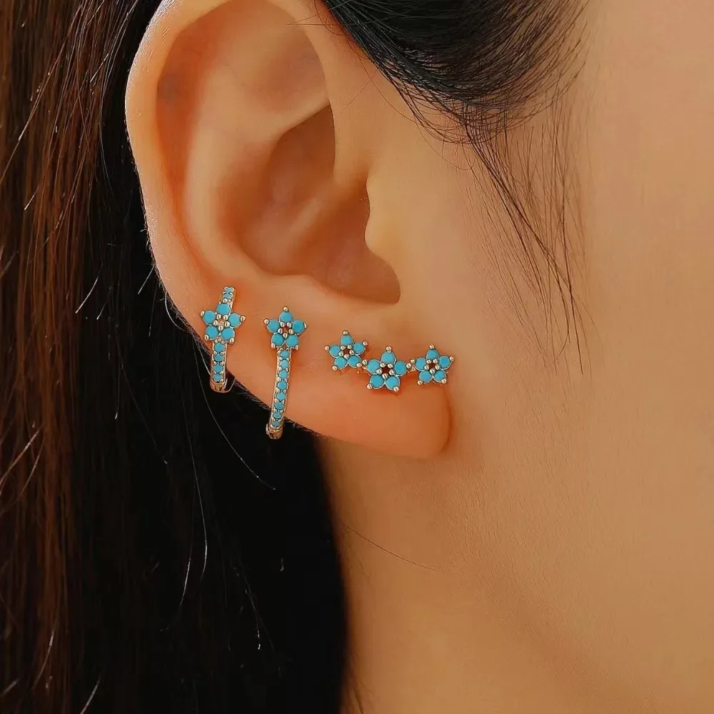 3pcs Set Korean Charm Micro-inlay Zircon Blue Flower Stud Earrings for Women Girl Stainless Steel Fashion Designer Jewelry Set