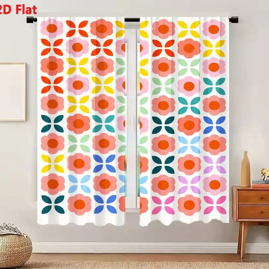 Rideaux 2D à motif de grille colorée avec fleurs roses, centres orange et feuilles décoratives en forme de croix, rouge jaune, 2 pièces