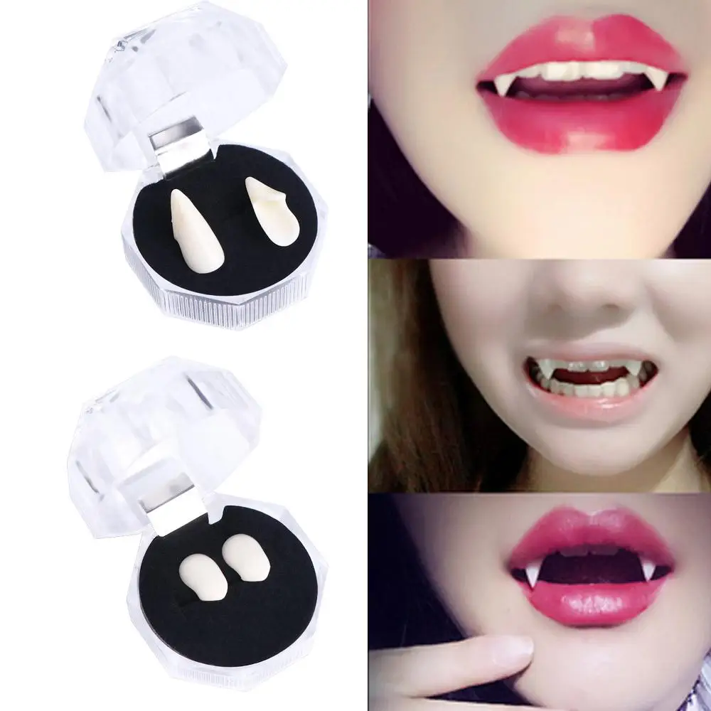 Dientes falsos caninos, caja de dientes empaquetados, accesorios para fiesta de Cosplay, colmillos de resina seguros, juguetes, 2 uds., colmillos de Halloween