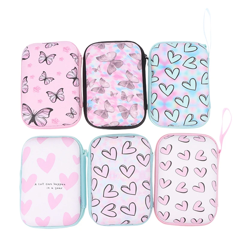 Cute Cartoon Heart Butterfly Pattern Headphone Data Cable Storage Bag Charger Power Bank Rectangular Box Zipper Bag Pocket Pouch