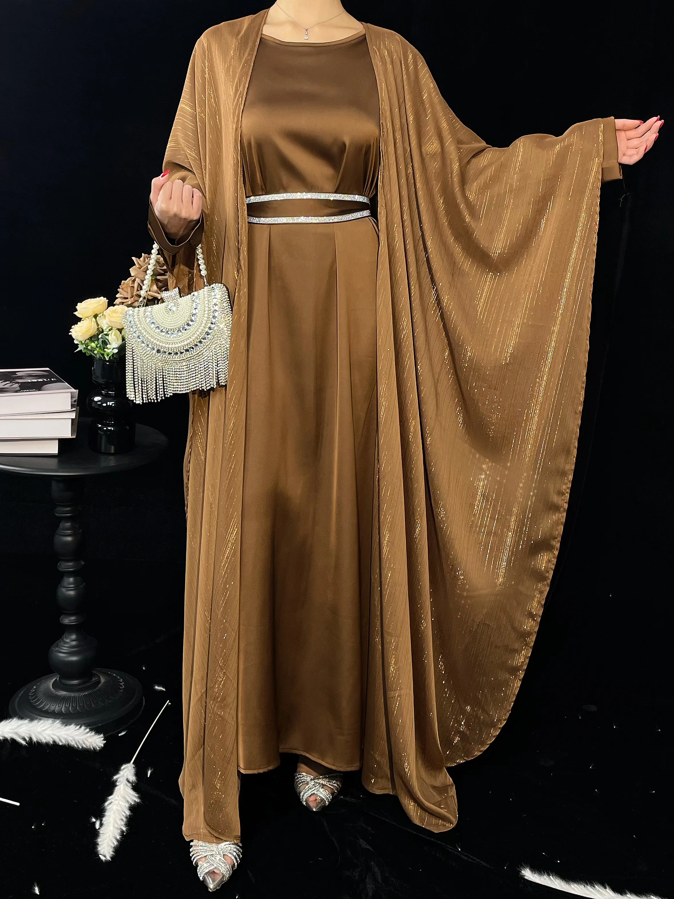 

2 шт. модный блестящий женский кардиган в тон в арабском стиле, свободный дизайн с золотой нитью, элегантная Абая для вечеринки