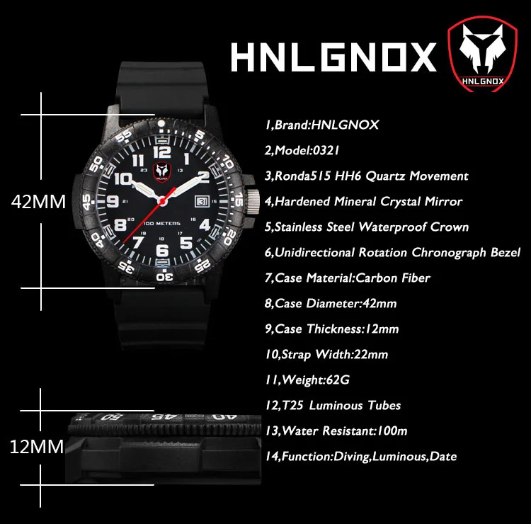 Hnlgnox Mens Pilot Watches Sport Watch Military 10ATM Waterproof Quartz Wristwatch Carbon Fiber Case Luminous Rubber Strap