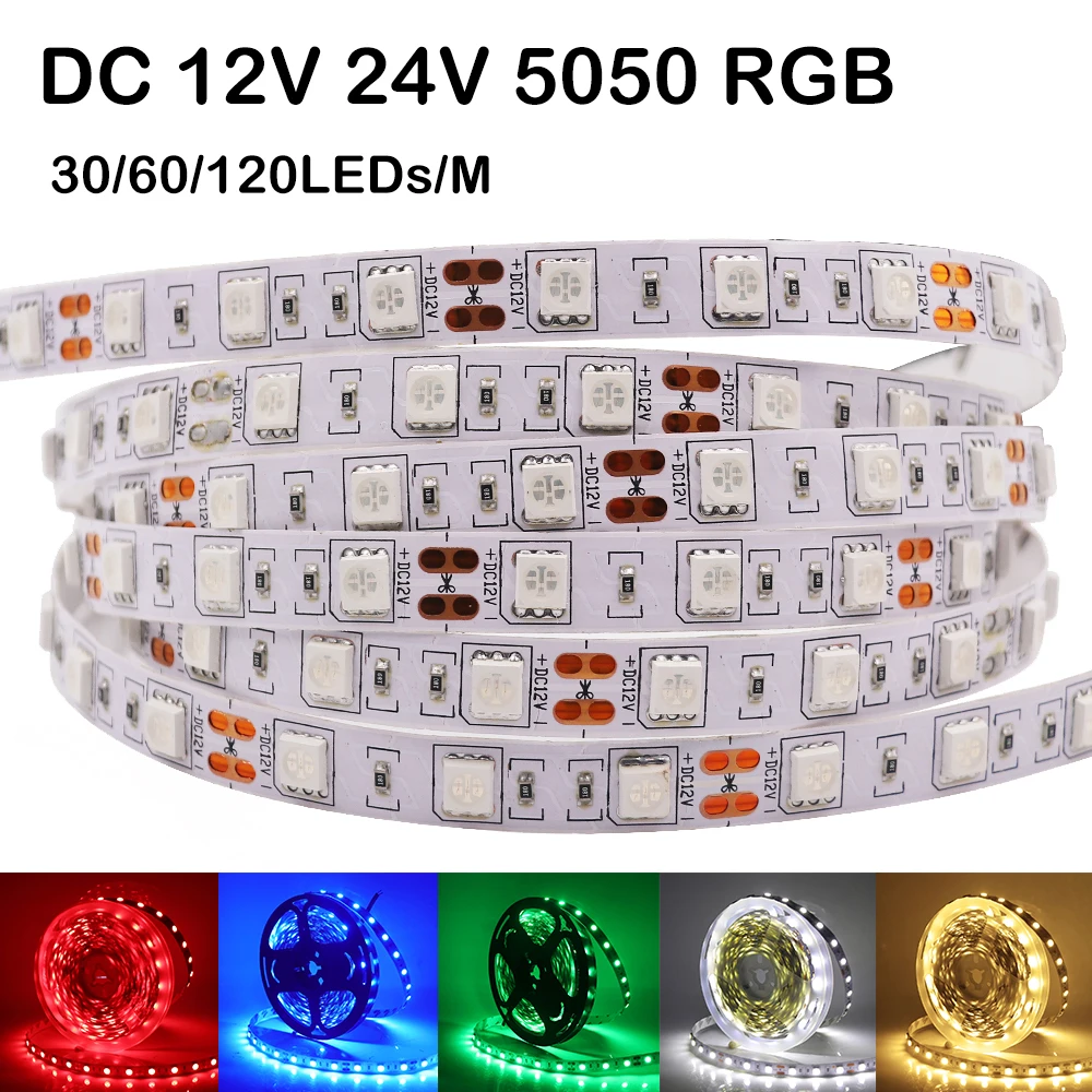 

5M 12V 24V 5050 RGB LED Strip IP21 IP65 Waterproof 30LEDs/m 60LEDs/m 120LEDs/m Flexible Led Tape Ribbon for Home Decoration