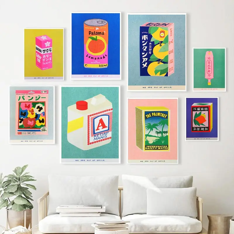 Japanese Pink Cherry Blossom Ink Canned Sardine Tomato Wall Art Painting Nordic Poster Packaged Print Picture Kitchen Home Decor
