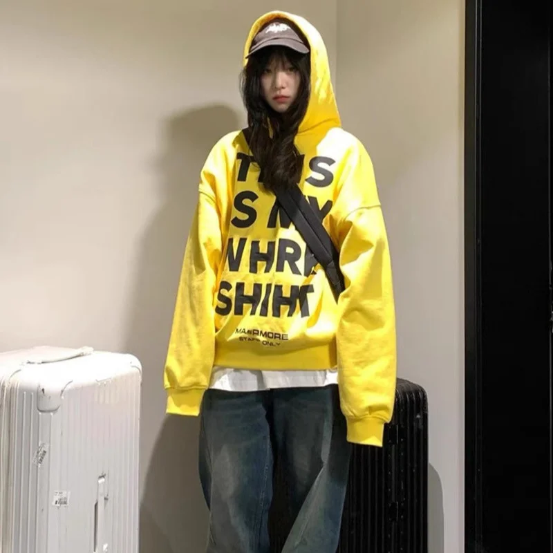 

2024 Autumn New Yellow Street American vintage Fashion Brand Loose Letters Print Hoodie Gyaru Top