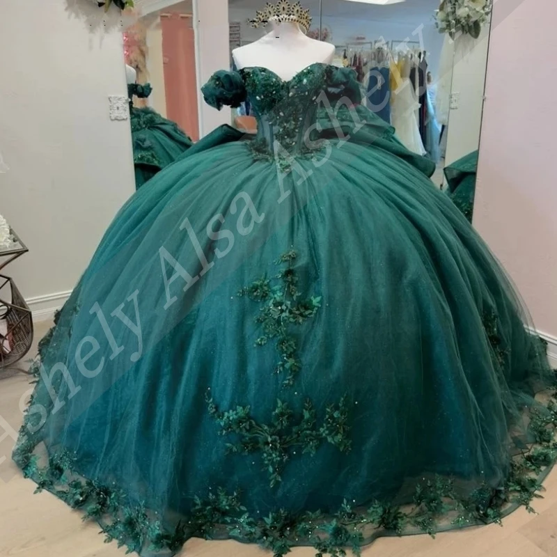 NAQ23 Customized Emerald Quinceanera Dress Ball Gown 15 Year Old Girl Floral Applique Bow Sweet 16 Vestidos De XV 15 Anos 2025