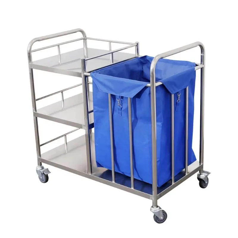 2026 Stainless Steel Hospital Medical Waste Linen Trolley Mobile Nursing Laundry Carts Three Layers BS-668-1
