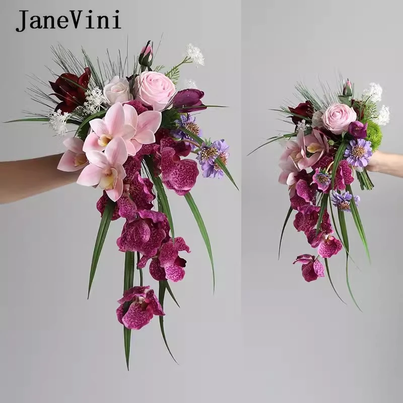 JaneVini Vintage Artificial Weeding Flowers Waterfall Bride Bouquet Wedding Bridal Pink Cascading Holding Flower Ramo Novia 2024