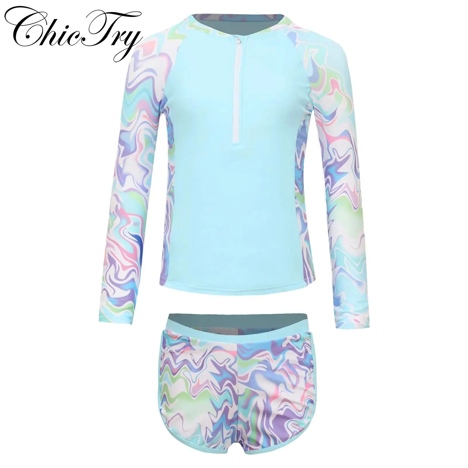 Kids Girls Swim Sets Printed 2 Pcs Swimsuit Swimwear Bathing Suits Long Sleeve Removable Chest Pads Tops with Shorts Swim Outfit