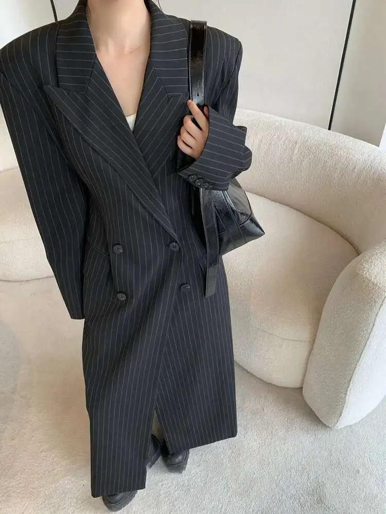 BJTZ herfst en winter hoogwaardig verticaal gestreept windjack met dubbele rij knopen in de taille, zwart slim fit damesjack