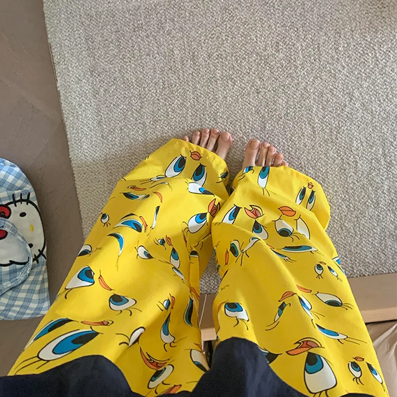 Calças Largas Estilo Preguiçoso Finas de Verão Confortáveis para Uso em Casa e ao Ar Livre, Roupa de Dormir Fena de Cintu...