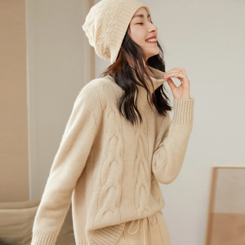 2022Hot Bán Thu Đông 100% Nguyên Chất Cashmere Áo Len Cao Cổ Nữ Chất Lượng Cao Mềm Mại Nữ Rời Dày Dệt Kim Dây Nhảy