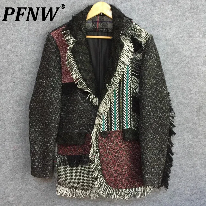 

PFNW Niche Design Men's Raw Edge Suit Jackets Plaid Patchwork Fashion Contrast Color Male Loose Blazers New Autumn 2024 21Z1094