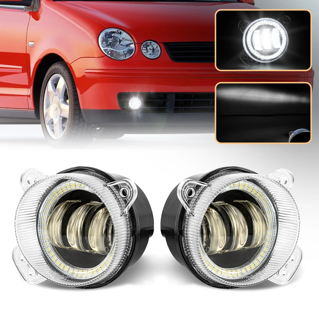 

For VK Polo LED Fog Lamp Daytime Running Light DRL Car Accessories with ABS Plastic Housing PC Lens Angel Eye Hight Density LED