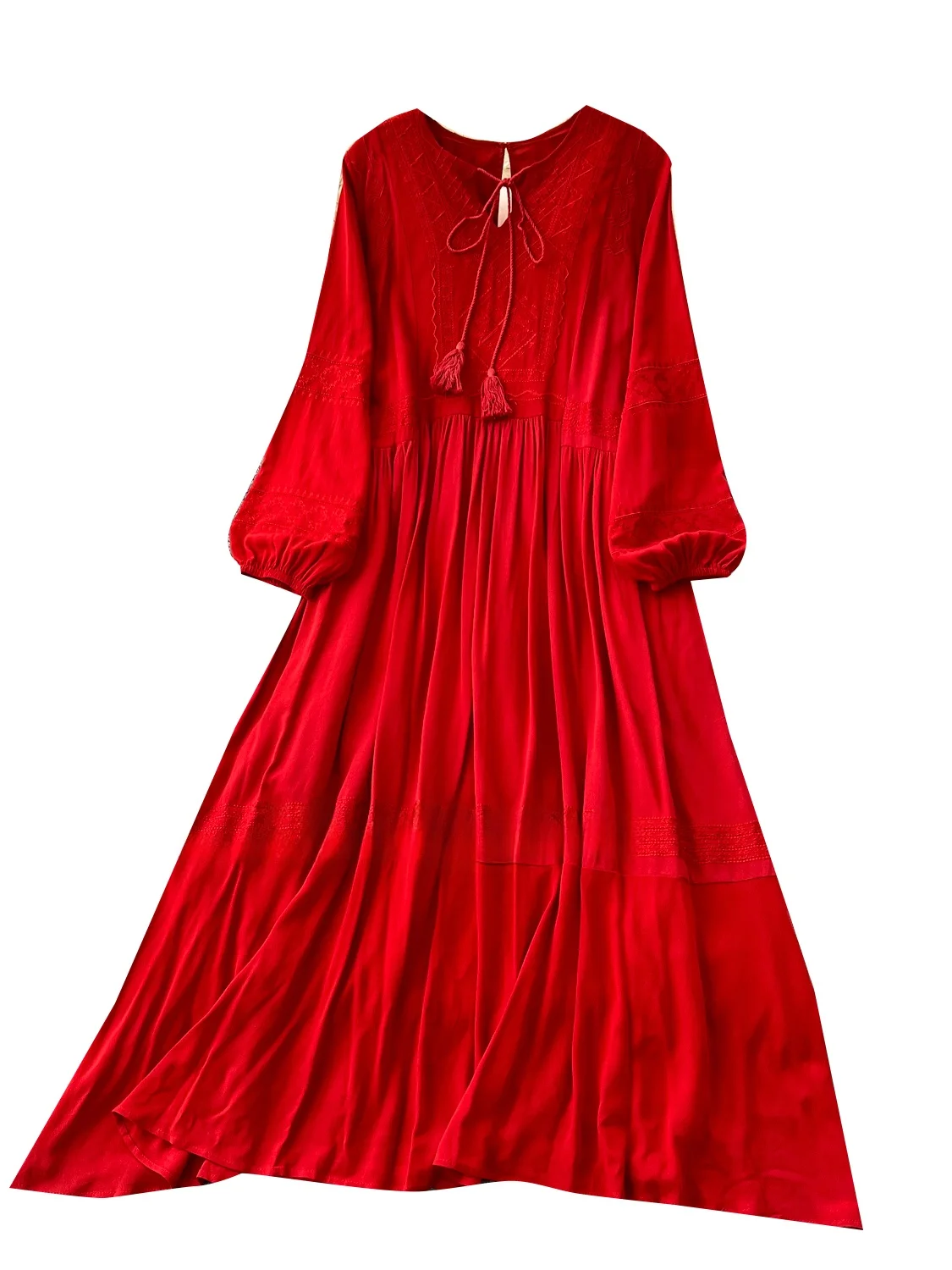 우아한 자수 루즈핏 랜턴 소매 라운드 넥 드레스 여성용 가을 롱 가운 프렌치 스타일 하이 웨이스트 A라인 스커트