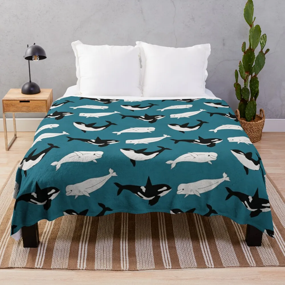 

Belugas & Orcas on Teal Throw Blanket Sofa Quilt for winter Flannels Luxury Brand Blankets