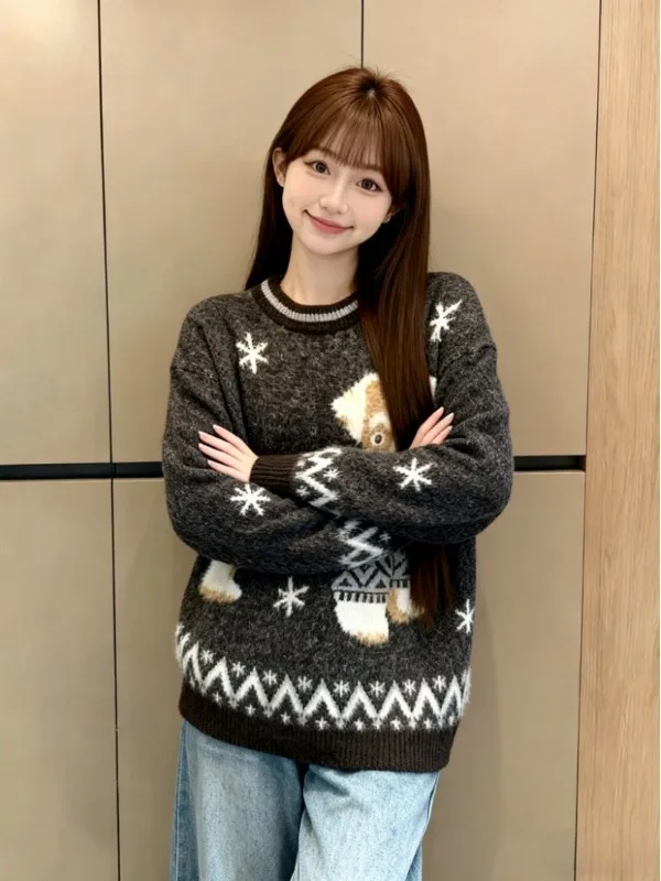 

American Sle Fun Little Dog Knitted Sweater Women's Loose Lazy Top Coat Autumn Winter Soft Polyester Fiber Long Sve