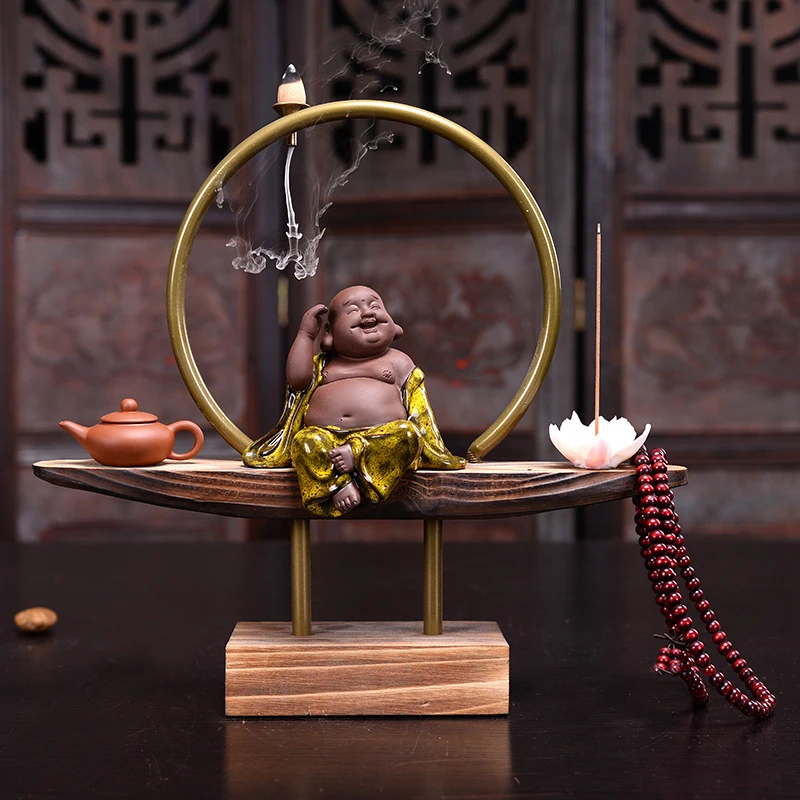 New Chinese-Style Backflow Incense Burner, Zen-Inspired Fortune-Attracting Maitreya Buddha Ornament, Ceramic Home Decor, Root Ca