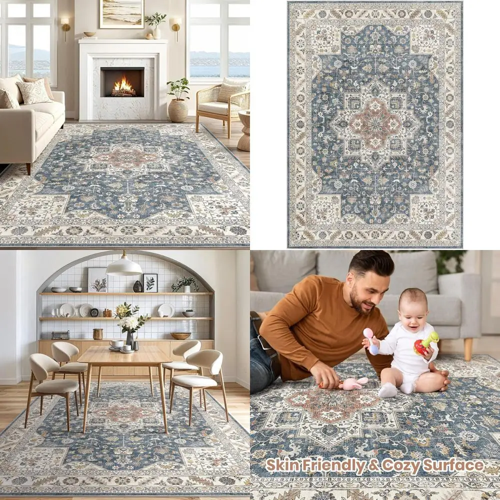 

Большой винтажный синий восточный ковер 5x7 футов – Моющийся состаренный ковер для гостиной или спальни – Традиционный акцентный ковер