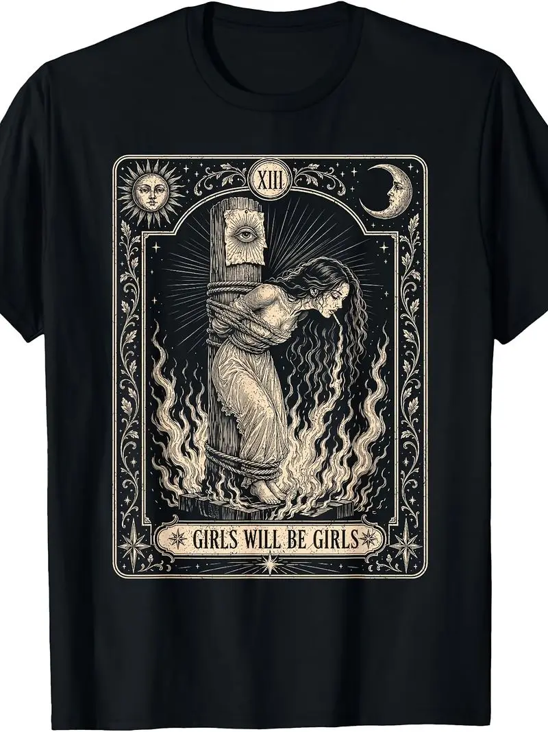Girls Will Be Girls Funny Witch Cigarette Tarot Card Graphic T-Shirt Retro Casual Crew Neck Printed T-Shirt Comfortable Gift