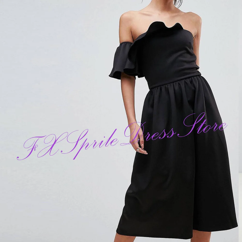 CustomizedOne Shoulder Black Straight Tea Length Evening Dress Simple Jersey Short Sleeves Pleats Saudi Arabia Bespoke Occasion 
