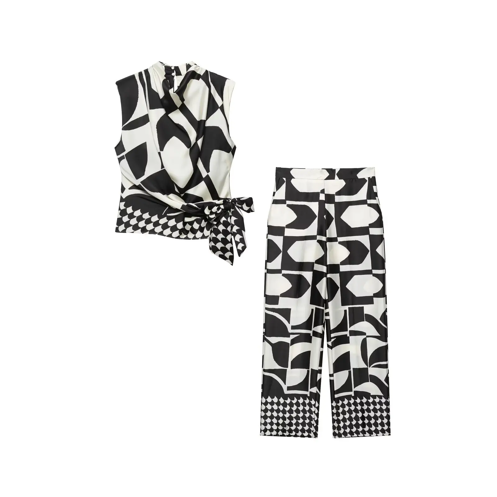 KLKXMYT Schickes Hosen-Set für Damen Ärmelloses Oberteil mit Schleife Geometrischer Druck Damenanzüge 2026 Sommer Lässige Damenoutfits – Detail 4