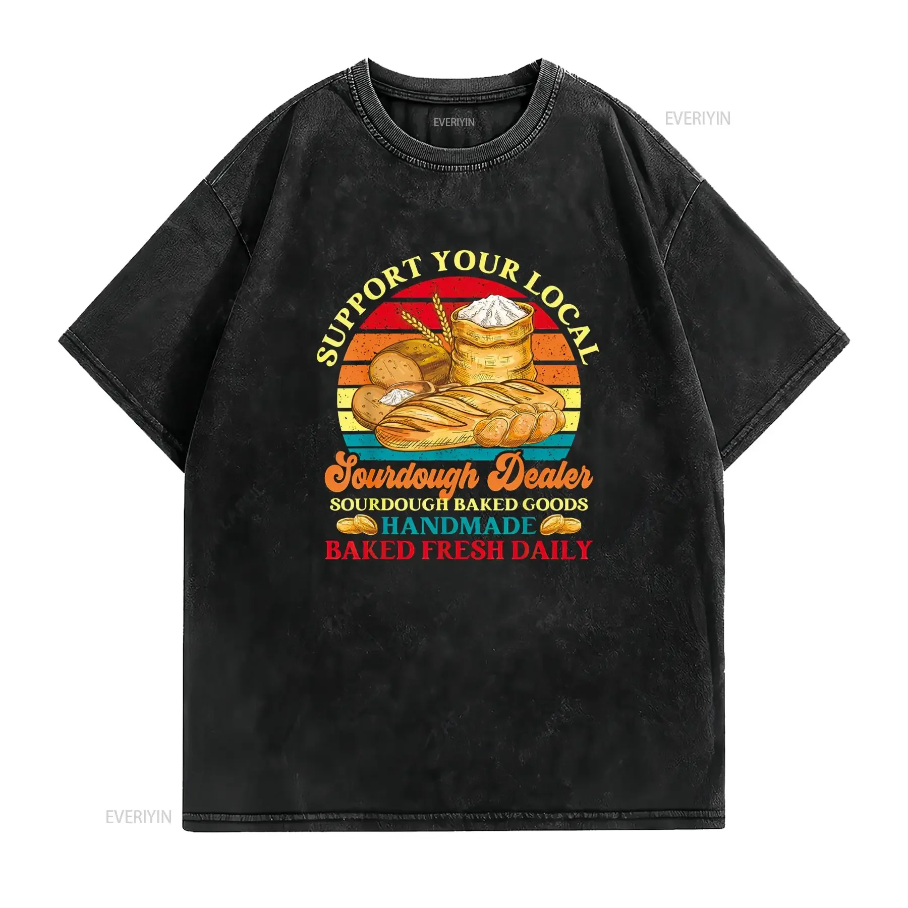 Bread Baker Retro Sunset Support Your Local Sourdough Dealer T Shirt vintage Washed graphic Top For Everyday Wear Breathable