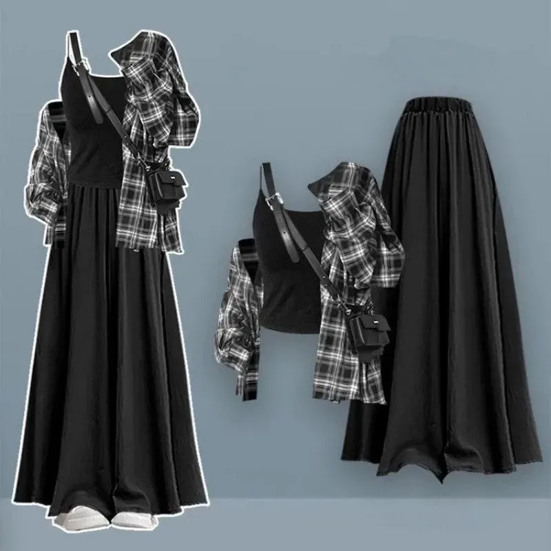 طقم نسائي جديد للربيع والصيف مكون من 3 قطع: قميص كاروهات واقي من الشمس + حزام + تنورة فضفاضة، بدلة أنيقة على الطراز الكوري