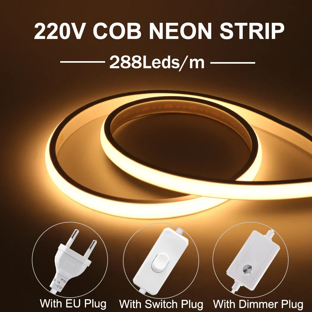 

220V COB LED Strip Light 288 LEDs RA90 Waterproof Flexible Neon Led Tape With Switch/Dimming EU Plug for Garden Bedroom Lighting