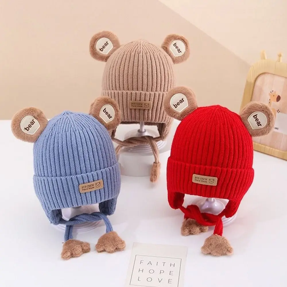 Шапка-бини с милым медведем для малышей, хлопковая подкладка, вязаный материал, детская антихолодная шапка со шнуровкой, теплая ужина