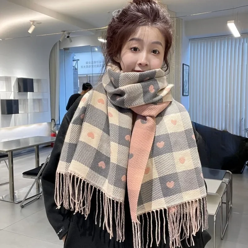 Winter New Double sided love plaid Scarf Women's Double-sided Shawl Imitation Cashmere Retro Foreign Style Fashion All-match