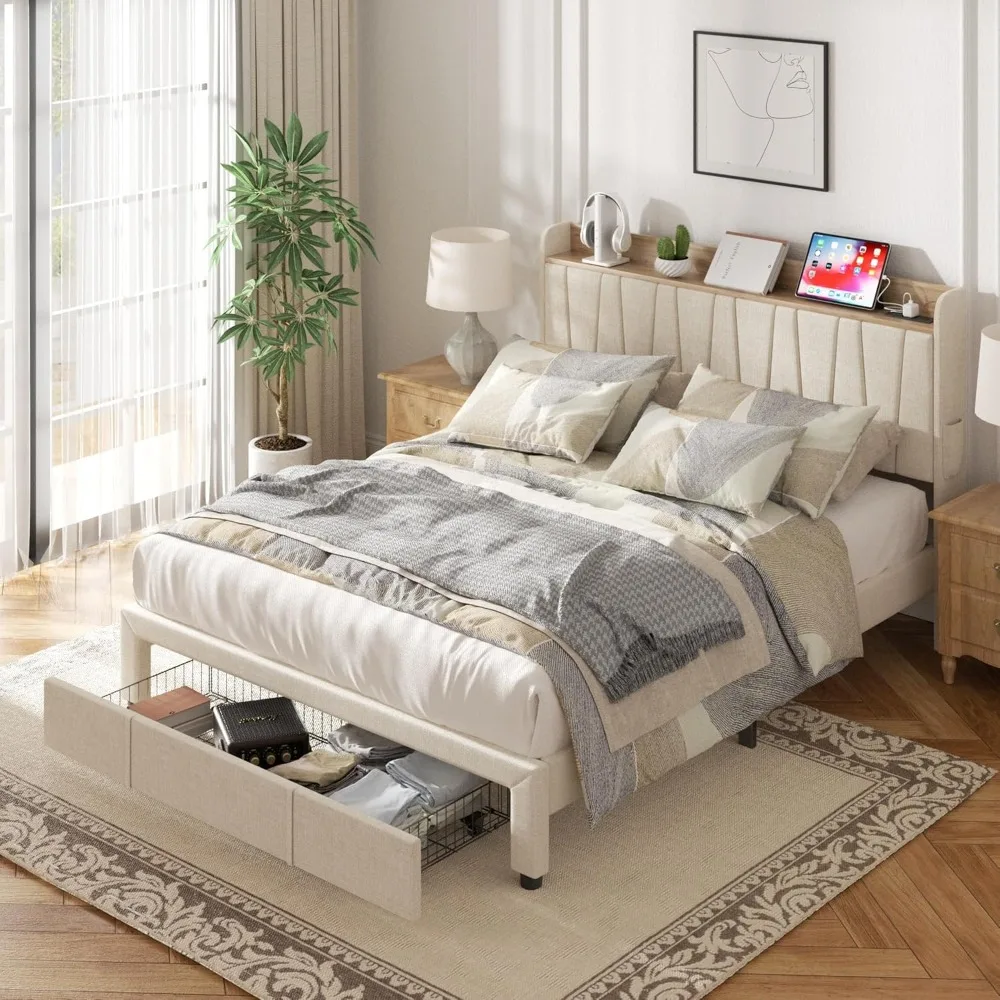 

Queen Size Bed Frame, Upholstered Platform Bed with Storage Drawers Headboard and Charging Station,No Box Spring Needed，beige.