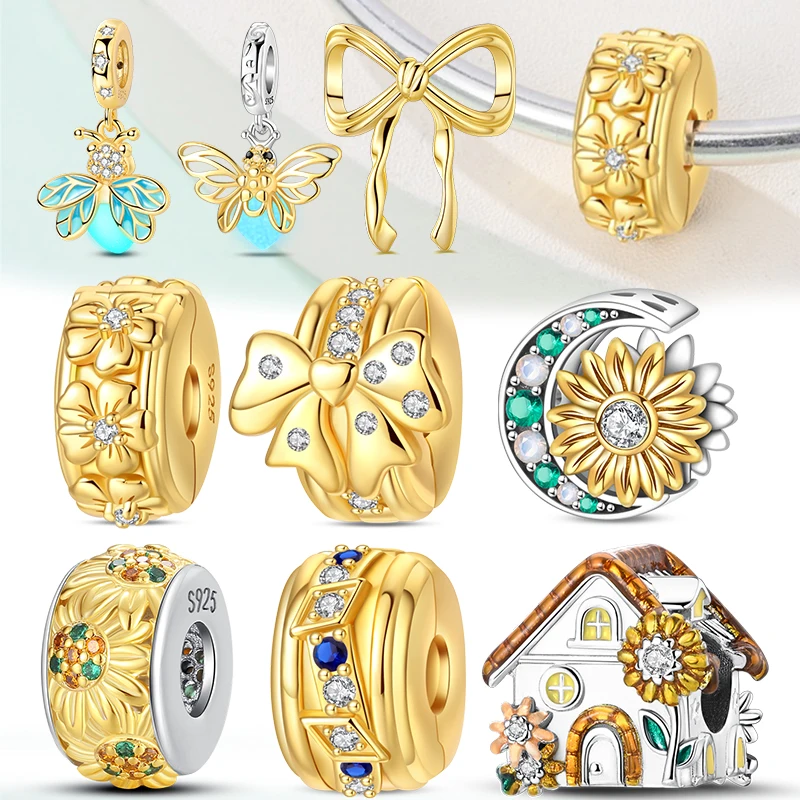 

925 Sterling Silver Gold Series Charms Bead Flower Dogs Leopard Firefly Pendant Clasp Fit Original Bracelet Jewelry Gift Marking
