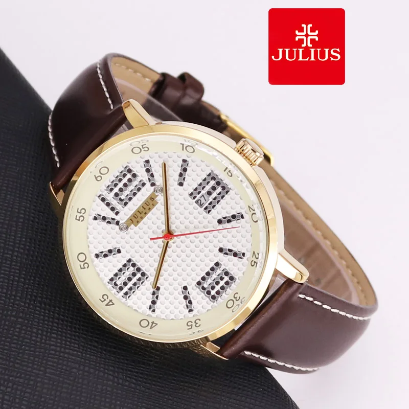 Top Real Auto Date Week Men\'s Watch Japan Quartz Man Hours Fine Fashion Real Leather Bracelet Boy\'s Gift Julius Box